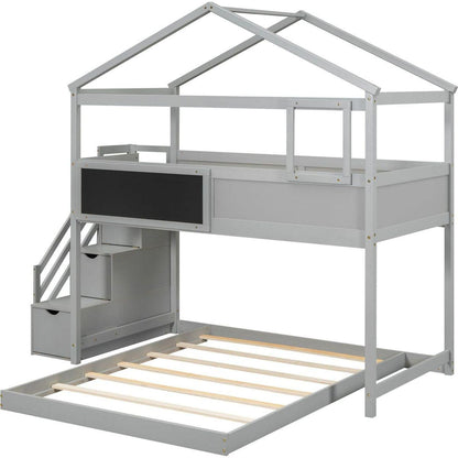 Twin over Full House Bunk Bed with Storage Staircase and Blackboard,Gray