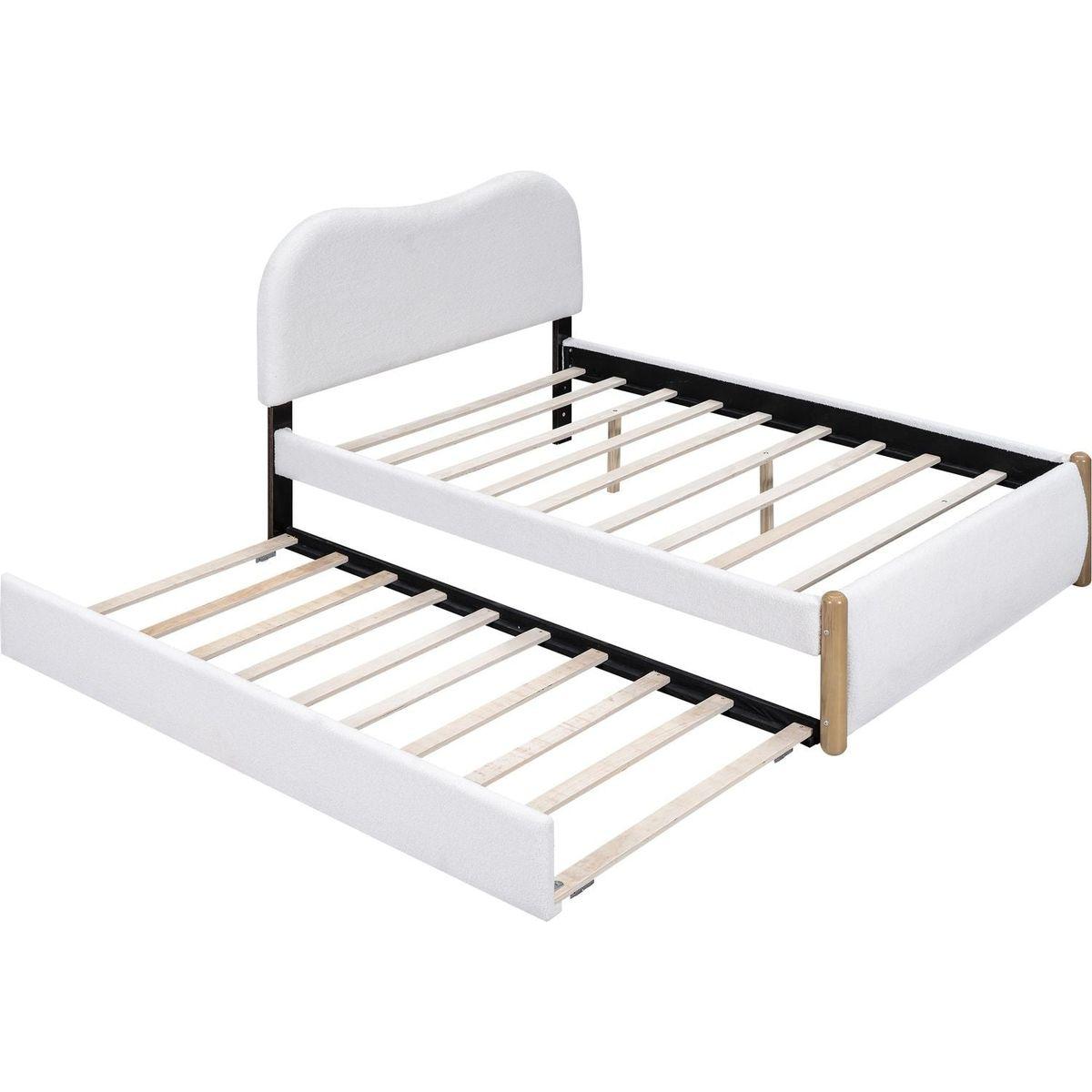 Full Size Upholstered Platform Bed with Wood Supporting Feet and Twin Size Trundle, White