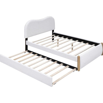Full Size Upholstered Platform Bed with Wood Supporting Feet and Twin Size Trundle, White