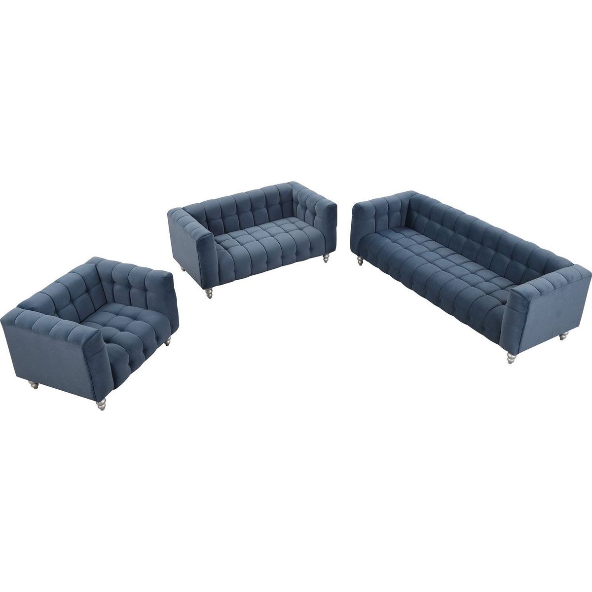 Modern 3-piece sofa set with solid wood legs, buttoned tufted backrest, Dutch fleece upholstered sofa set including three-seater sofa, double seat and living room furniture set single chair, blue