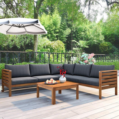 Wood Structure Outdoor Sofa Set with gray Cushions Exotic design Water-resistant and UV Protected texture High quality acacia wood Strong Metal Accessories