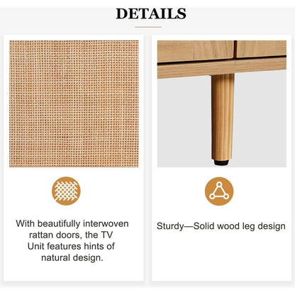 Rattan TV Stand for TVs up to 85", Modern Farmhouse Media Console, Entertainment Center with Solid Wood Legs, TV Cabinet for Living Room,Home Theatre