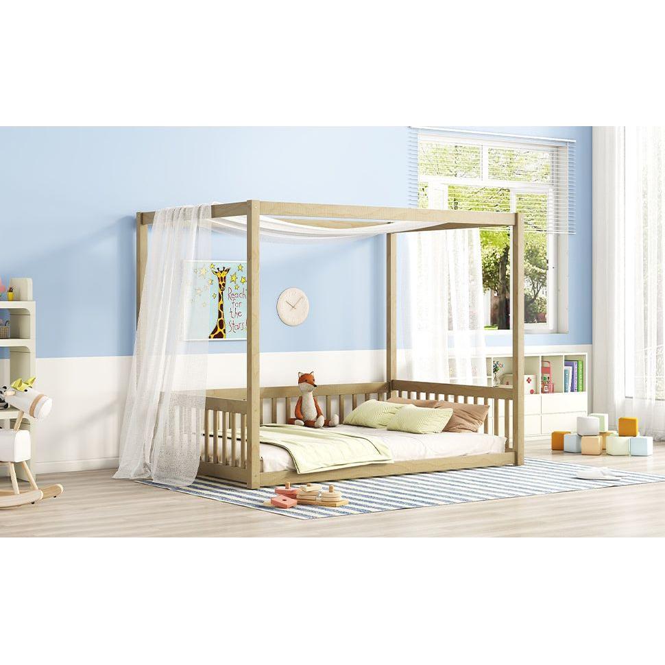 Full Size Canopy Frame Floor Bed with Fence, Guardrails,Natural