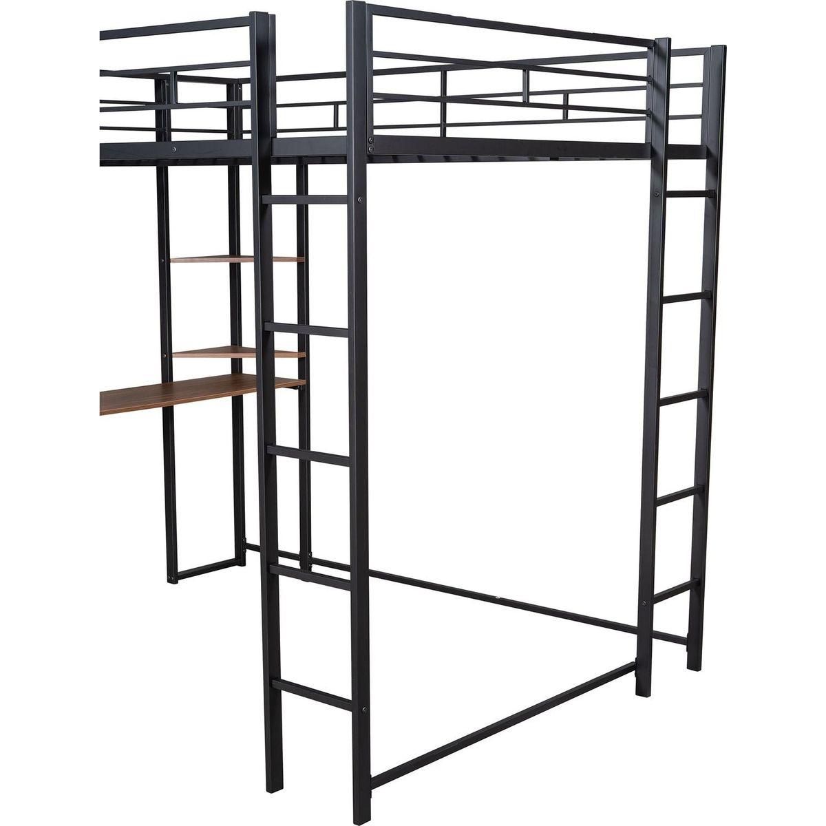 Full Size Metal Loft Bed with 2 Shelves and one Desk, Black