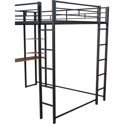 Full Size Metal Loft Bed with 2 Shelves and one Desk, Black