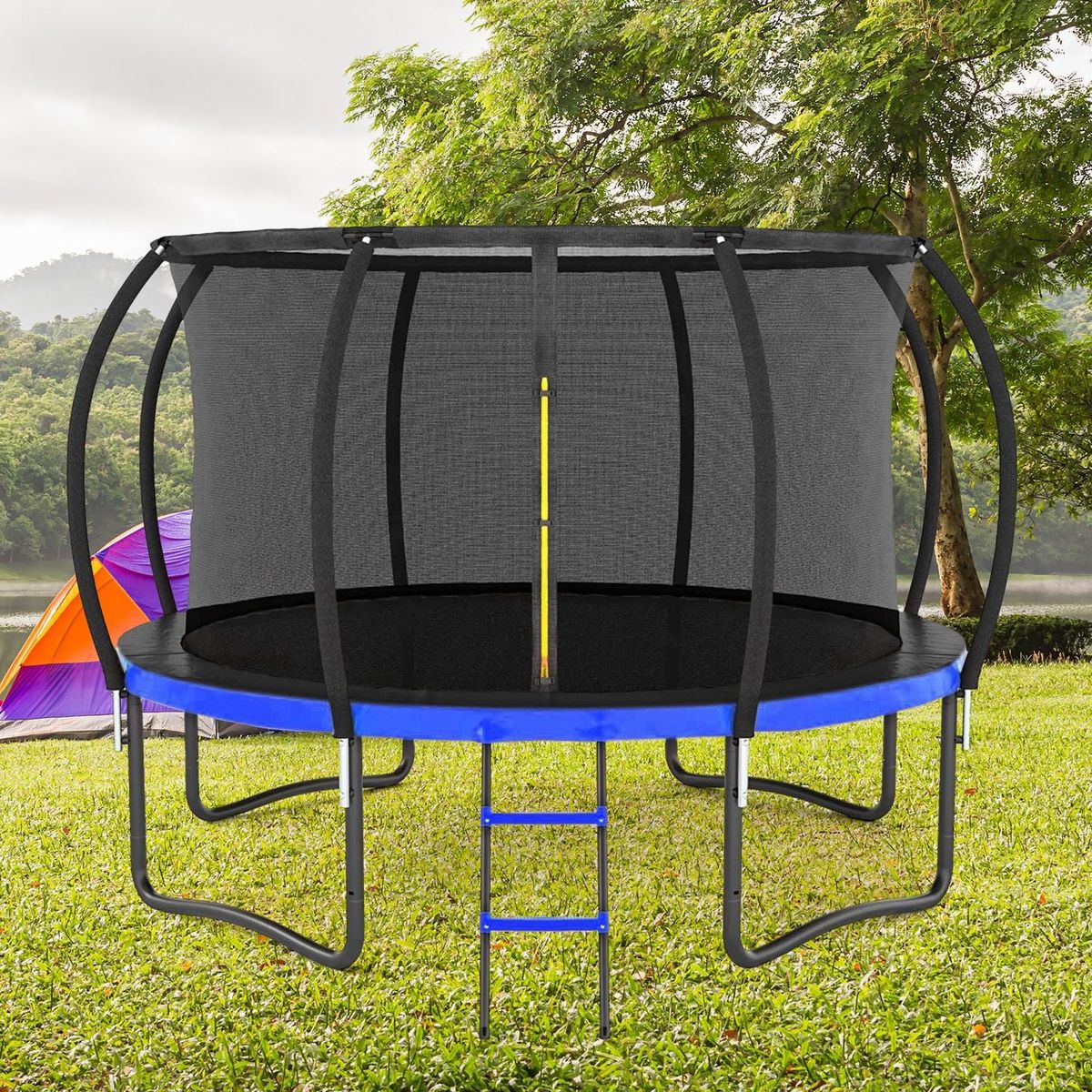 12FT Outdoor Big Trampoline With Inner Safety Enclosure Net, Ladder, PVC Spring Cover Padding, For Kids, Black&Blue Color