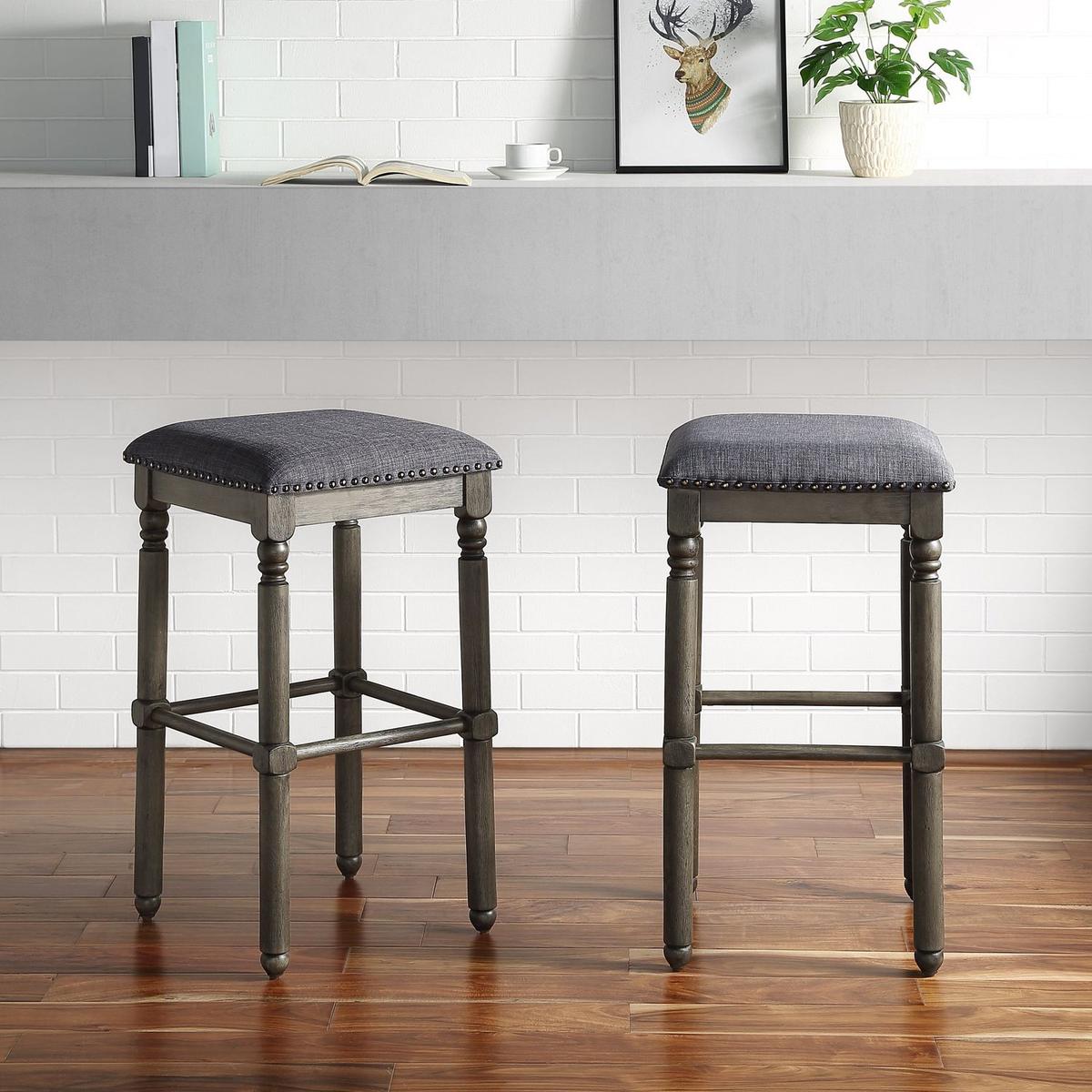 Arnhem Wood Upholstered Swivel Bar Stools, Set of 2, Grey