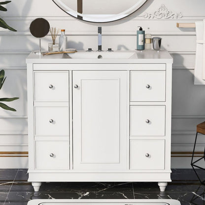 Contemporary White Bathroom Vanity Cabinet - 36x18x34 inches, 4 Drawers & 1 Cabinet Door, Multipurpose Storage, Resin Integrated Sink, Adjustable Shelves, Solid Wood Frame with MDF