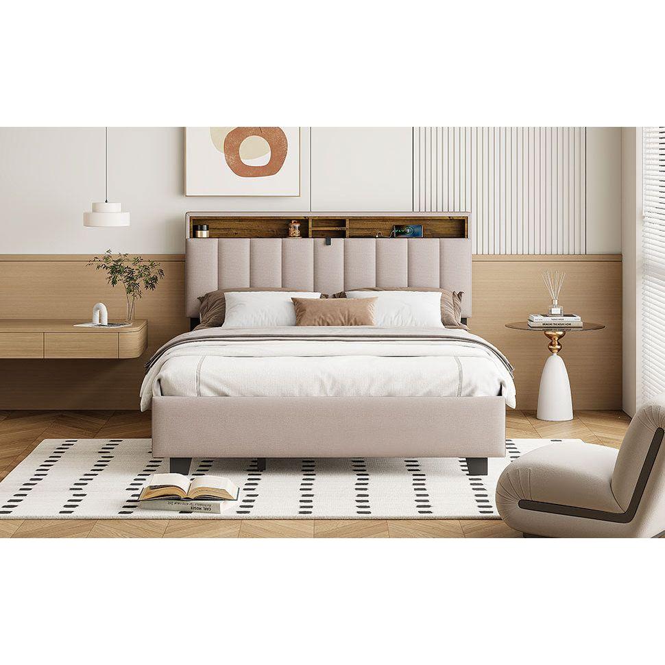 Queen size Upholstered Platform Bed with Storage Headboard, Twin XL Size Trundle & 2 drawers and a set of Sockets & USB Ports, Linen Fabric, Beige