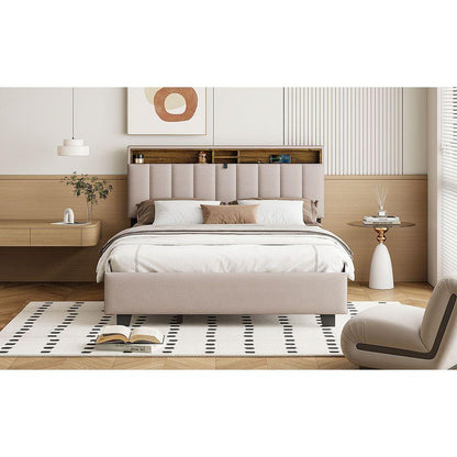 Queen size Upholstered Platform Bed with Storage Headboard, Twin XL Size Trundle & 2 drawers and a set of Sockets & USB Ports, Linen Fabric, Beige