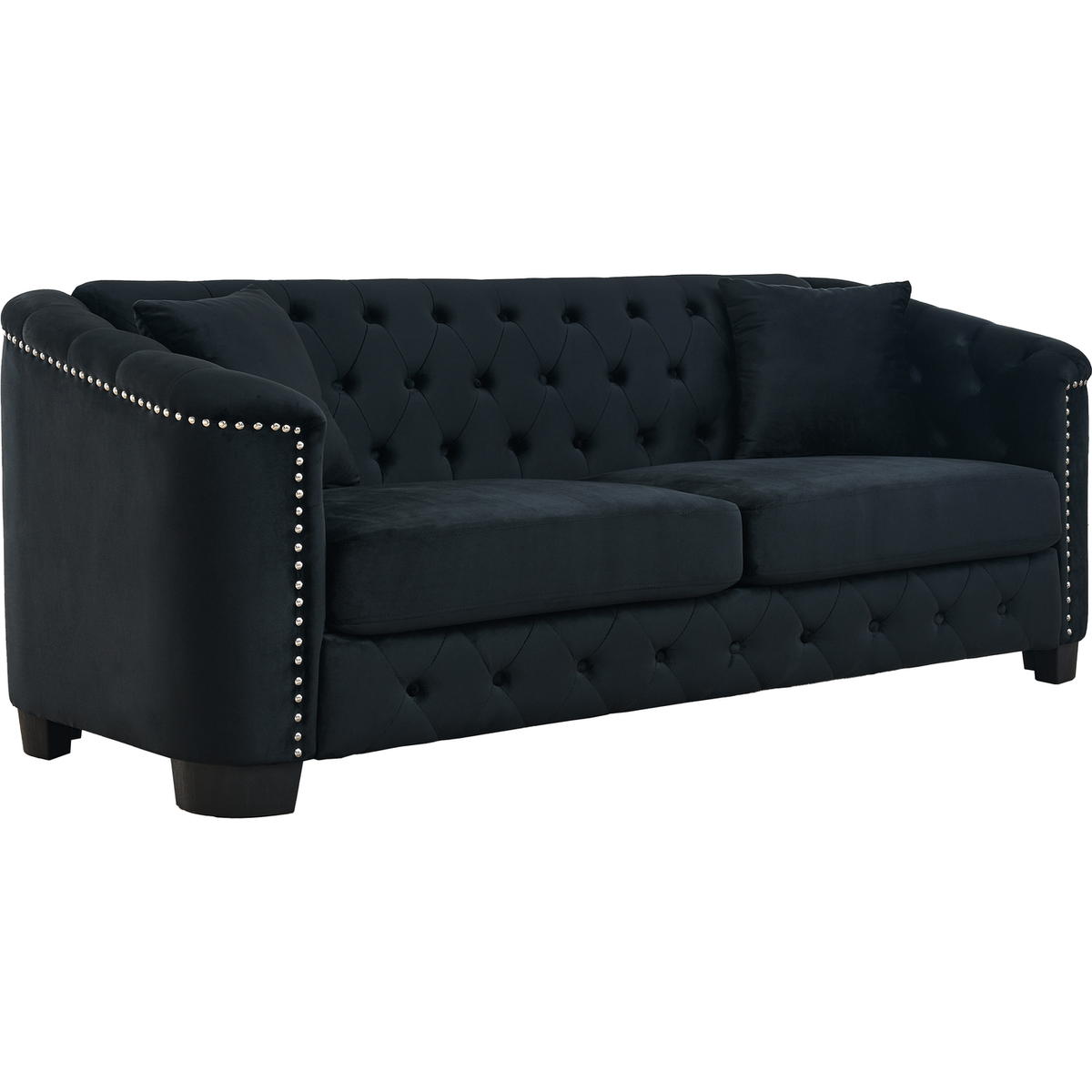 77-Inch Modern Chesterfield Velvet Sofa, 3-Seater Sofa, Upholstered Tufted Backrests with Nailhead Arms and 2 Cushions for Living Room, Bedroom, Apartment, Office (Black)