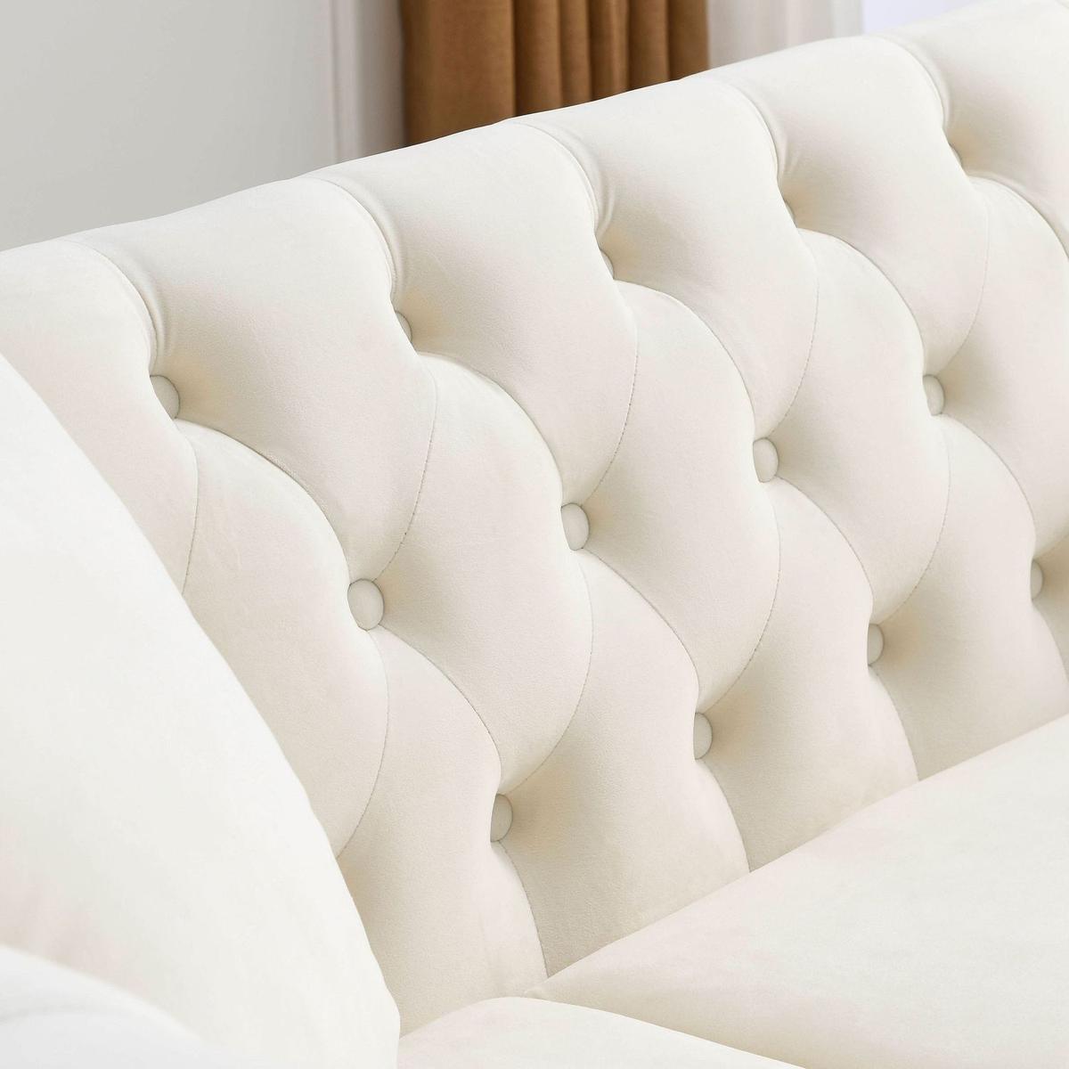 80" Chesterfield Sofa Beige Velvet for Living Room, 3 Seater Sofa Tufted Couch with Rolled Arms and Nailhead for Living Room, Bedroom, Office, Apartment, two pillows