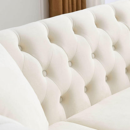 80" Chesterfield Sofa Beige Velvet for Living Room, 3 Seater Sofa Tufted Couch with Rolled Arms and Nailhead for Living Room, Bedroom, Office, Apartment, two pillows