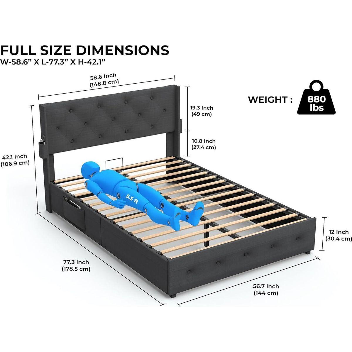 Full Size Bed Frame with Gas Lift Storage Bed with Modern Wingback Headboard, USB Ports