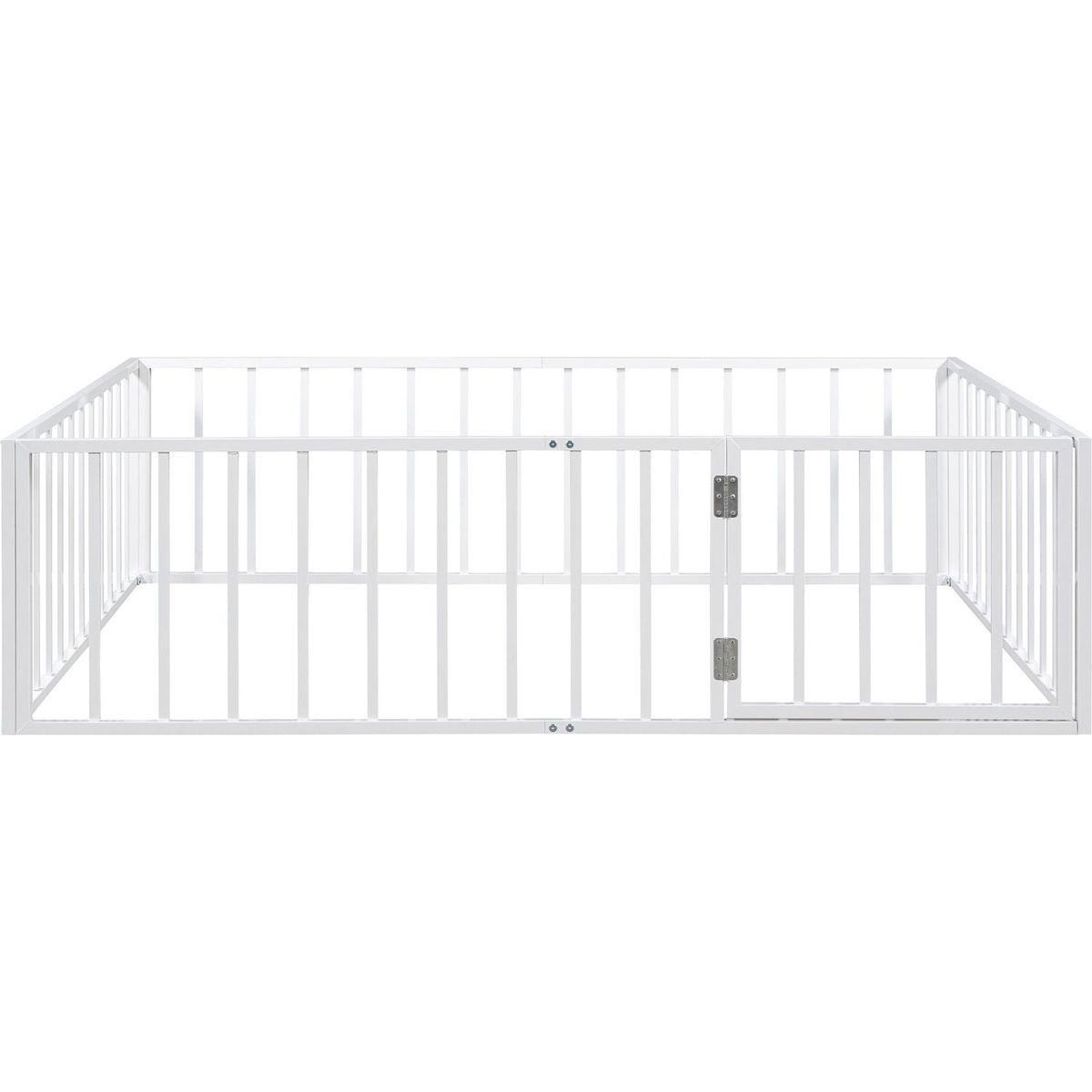 Full Size Metal Floor Bed Frame with Fence and Door, White