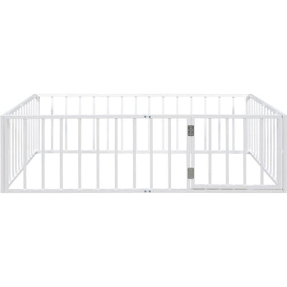 Full Size Metal Floor Bed Frame with Fence and Door, White