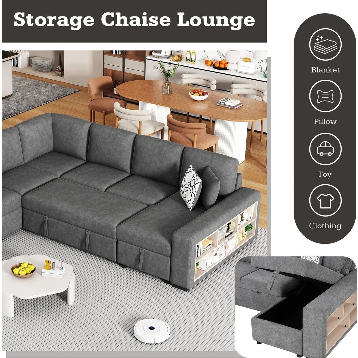 109" U-shaped Sectional Sofa Pull-out Sofa Bed with Two USB Ports, a Storage Chaise Lounge and Four Back Pillows for Living Room, Grey