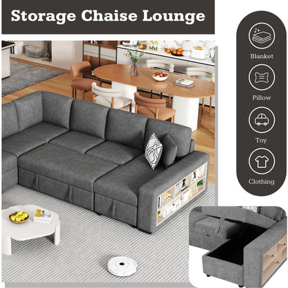 109" U-shaped Sectional Sofa Pull-out Sofa Bed with Two USB Ports, a Storage Chaise Lounge and Four Back Pillows for Living Room, Grey