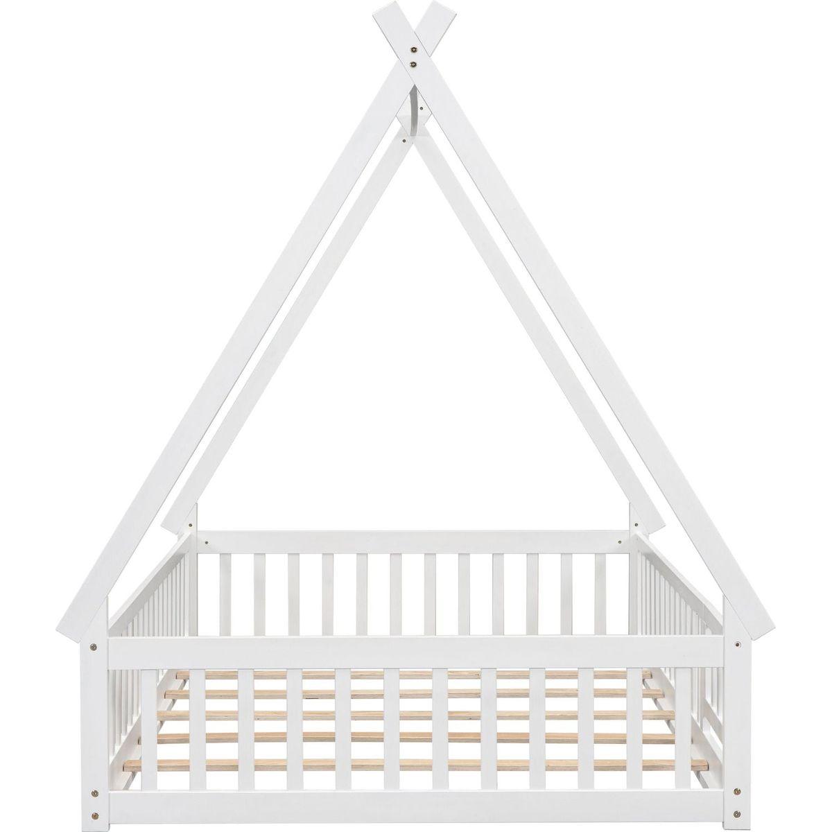 Full Tent-shaped Floor Bed, with Guardrails, Slats, Door, White