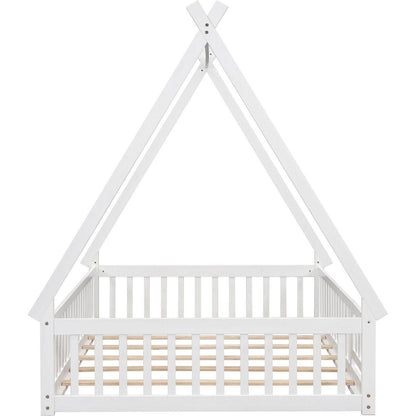 Full Tent-shaped Floor Bed, with Guardrails, Slats, Door, White