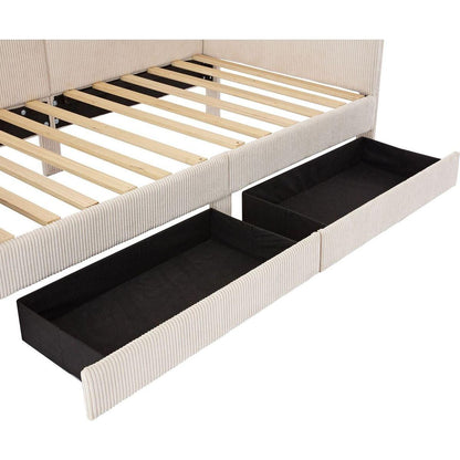 Twin Size L-Shaped Corduroy Daybed,Upholstered Bed Frame with 2 Storage Drawers, Beige