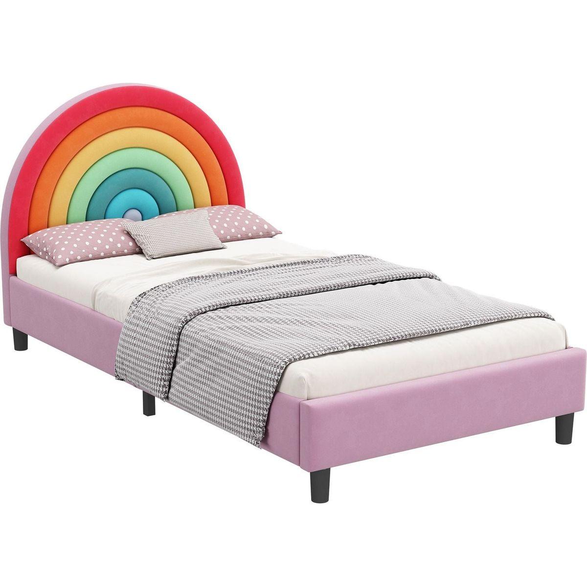 Rainbow Design Upholstered Twin Platform Bed Cute Style Princess Bed for Boys & Girls, Teens, Colorful & Pink