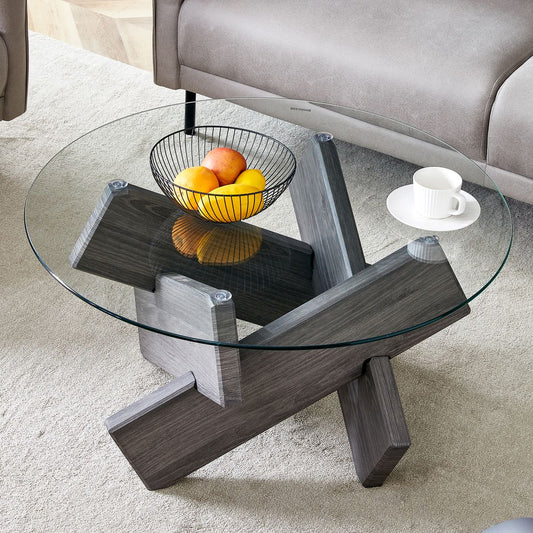 Round glass coffee table, 33.4' modern design unique coffee table. Tempered glass top with grey patterned MDF legs. Suitable for living and dining rooms