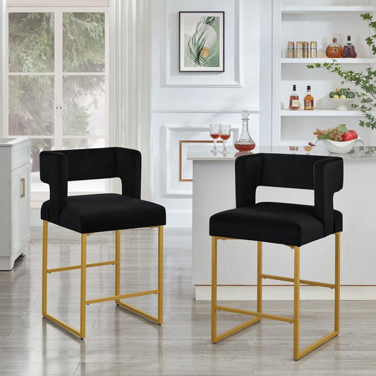 Modern Fashion Counter Height Bar Stools with Unique Square Open Backrest, Set of 2 Versatile Bar Chairs with Sturdy Iron Legs, 26" H Counter Height Chairs for kitchen islands, Black/Gold