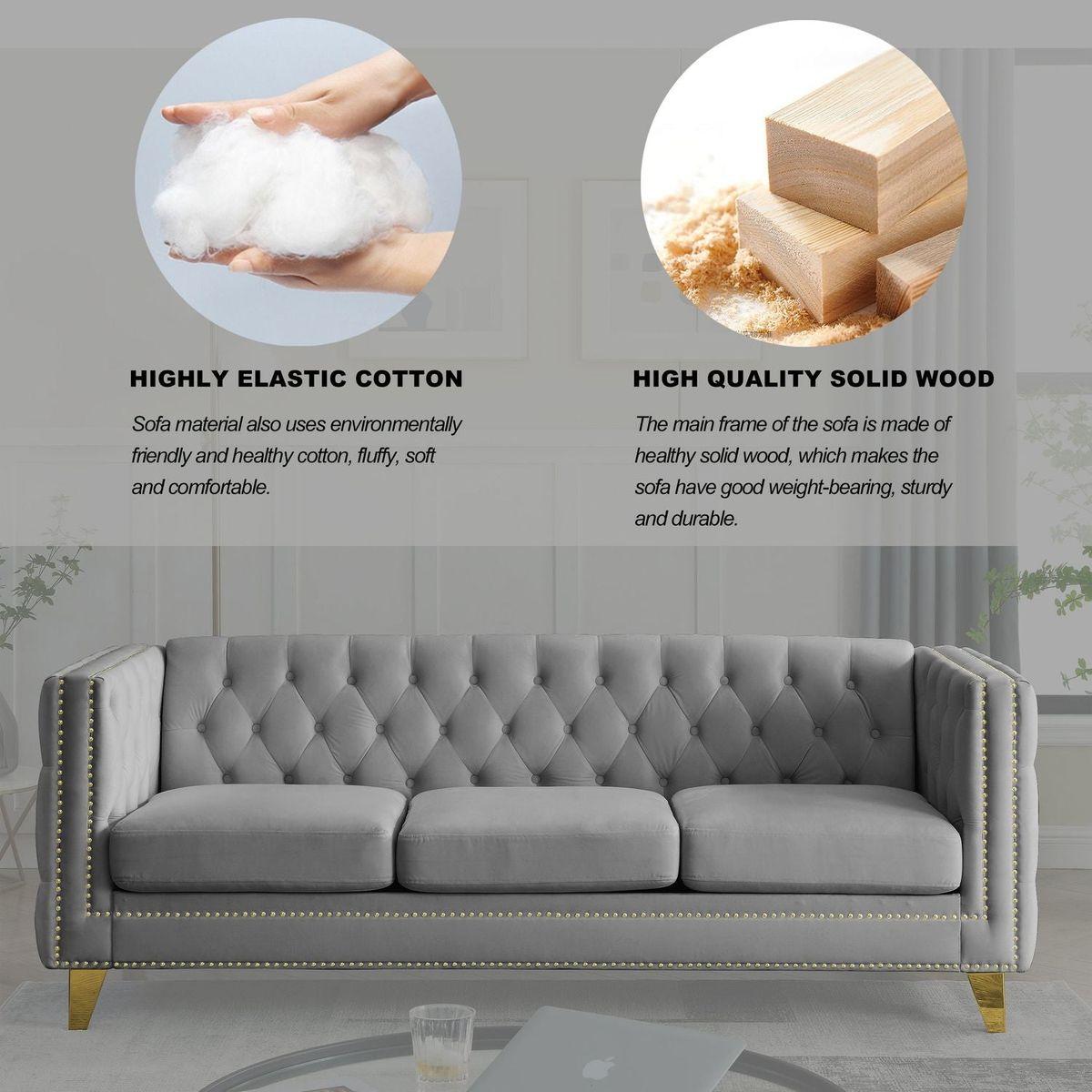 Velvet Sofa for Living Room,Buttons Tufted Square Arm Couch, Modern Couch Upholstered Button and Metal Legs, Sofa Couch for Bedroom, Grey Velvet .2PCS