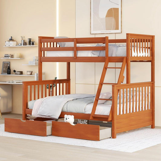 Twin-Over-Full Bunk Bed with Ladders and Two Storage Drawers (Walnut) { o