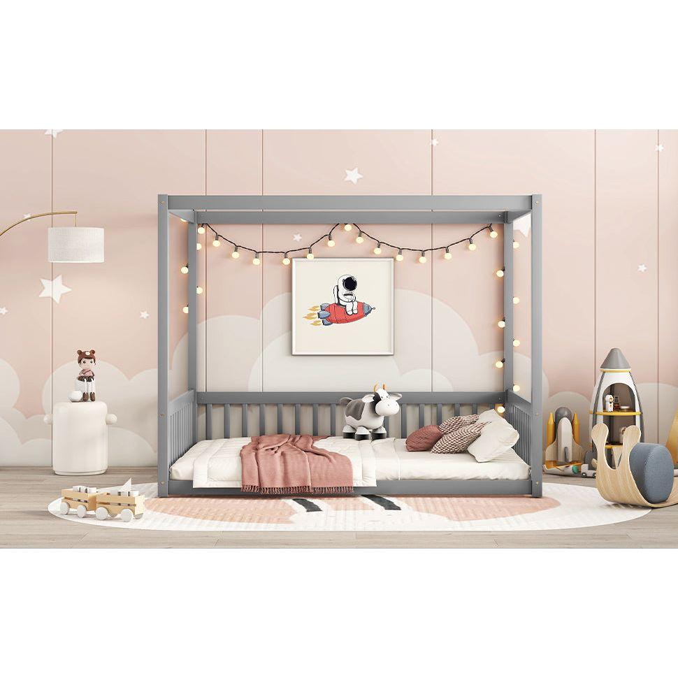 Full Size Canopy Frame Floor Bed with Fence, Guardrails,Grey