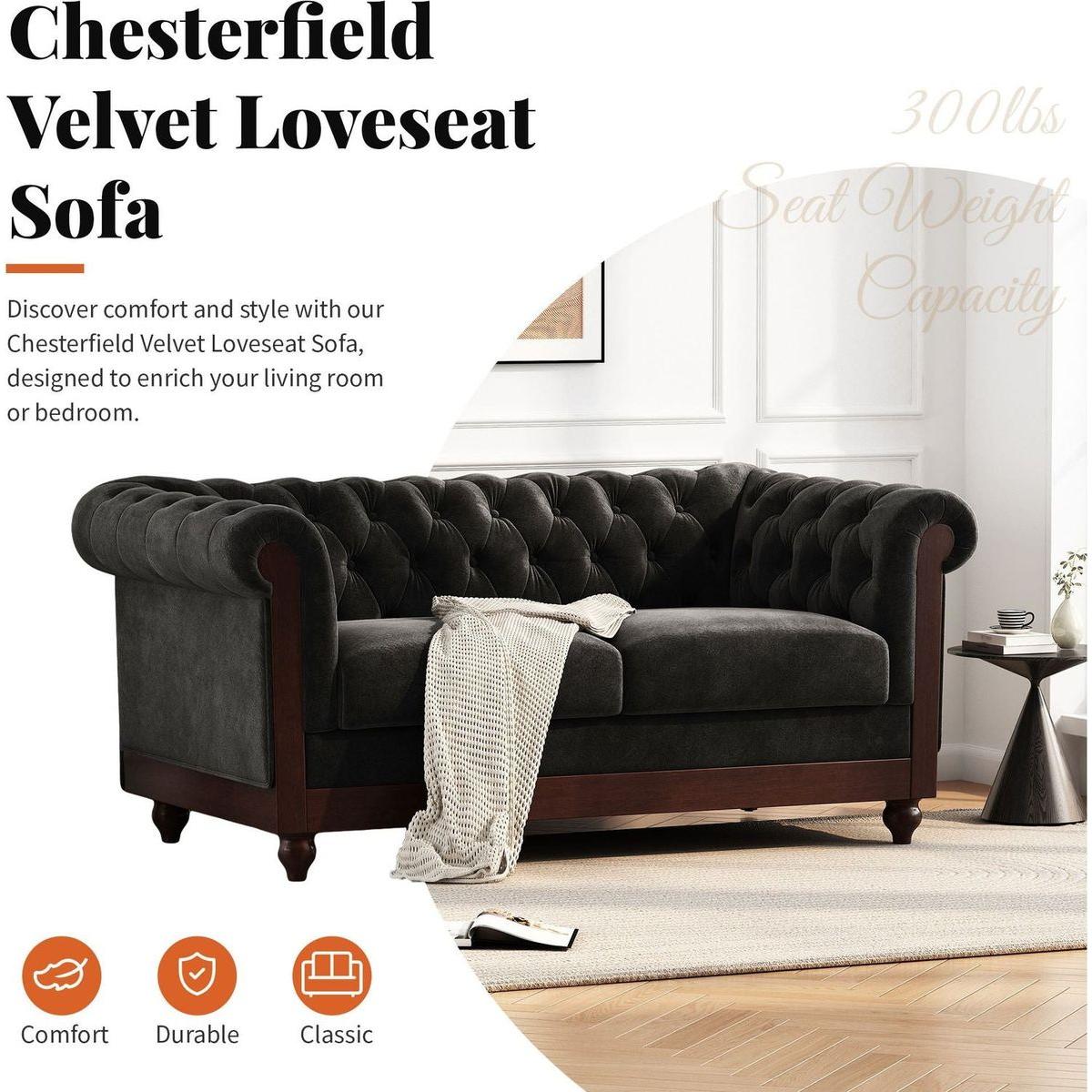VIVALUX 59.44" Chesterfield Velvet Loveseat Sofa,2-Person Rolled Arm Dutch Plush Upholstered Sofa Couch with Tufted Button for Living Room, Bedroom, Small Places,Black