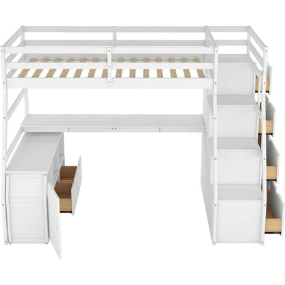 Twin Size Loft Bed with 7 Drawers 2 Shelves and Desk - White