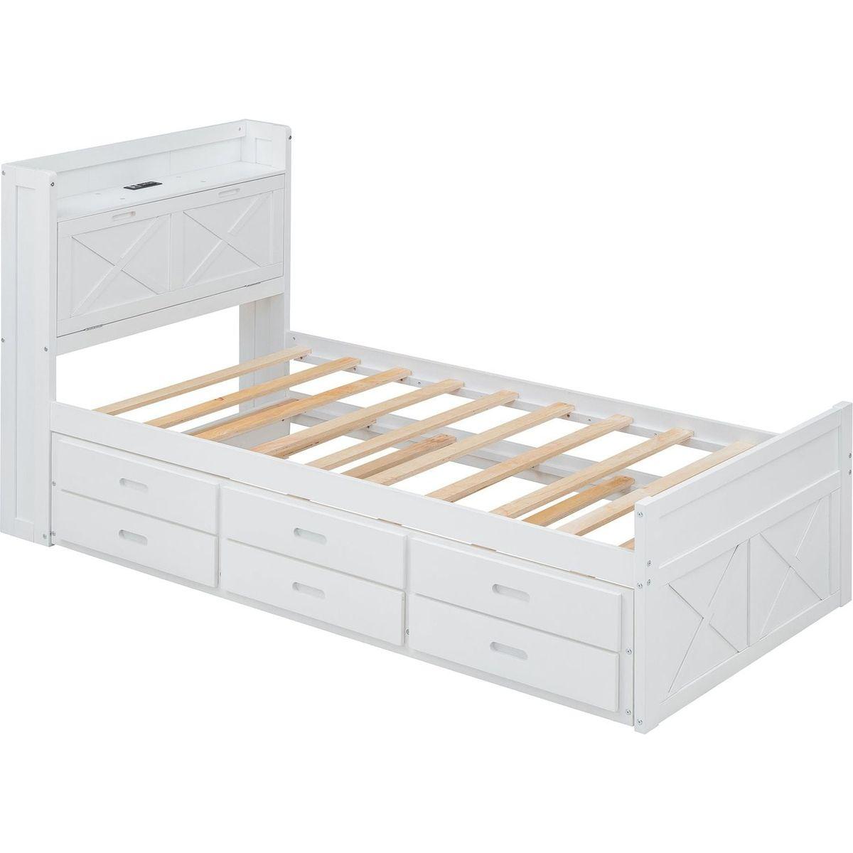 Twin Size Wooden Bed with Storage Headboard with Outlets, Extendable Bed with Twin Size Trundle with Three Storage Drawers,White