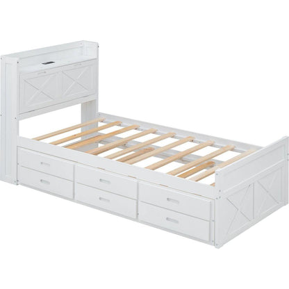 Twin Size Wooden Bed with Storage Headboard with Outlets, Extendable Bed with Twin Size Trundle with Three Storage Drawers,White