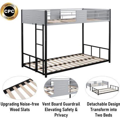 Metal Twin over Twin Bunk Bed with Vent Board/ Heavy-duty Sturdy Metal/ Noise Reduced/ Safety Guardrail/ CPC Certified