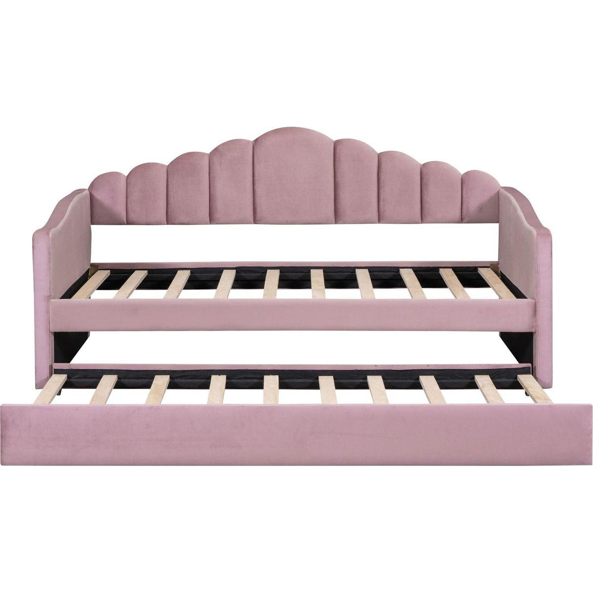 Twin size Upholstered Daybed with Trundle, Velvet Sofabed with USB Charging Ports,No Box-spring Needed,Pink