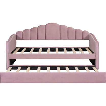 Twin size Upholstered Daybed with Trundle, Velvet Sofabed with USB Charging Ports,No Box-spring Needed,Pink