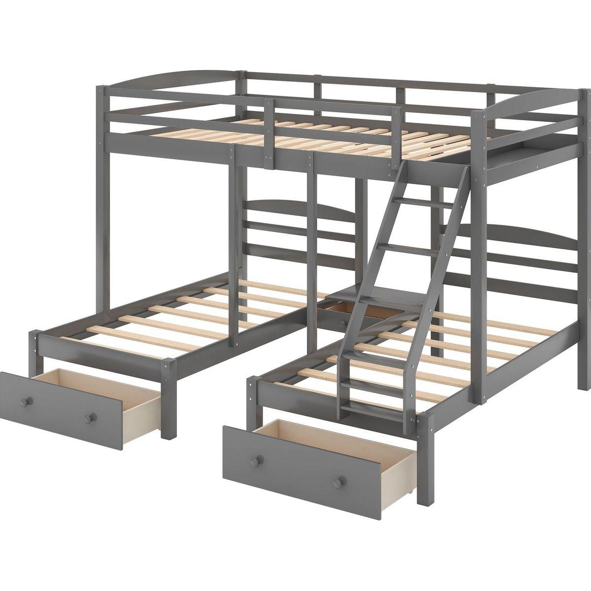 Full over Twin & Twin Bunk Bed,Triple Bunk Bed with Drawers, Gray
