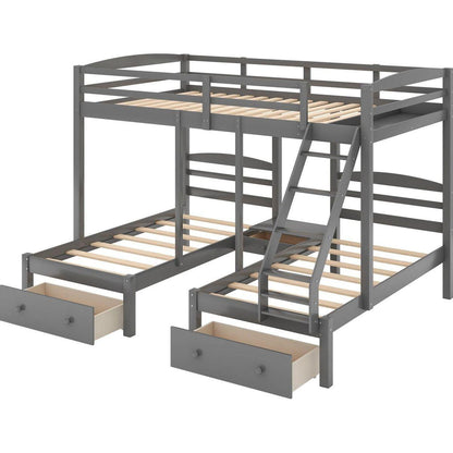 Full over Twin & Twin Bunk Bed,Triple Bunk Bed with Drawers, Gray