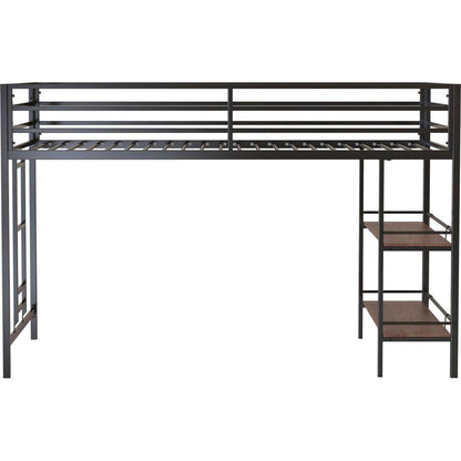 Adam sturdy junior twin loft bunk black with Cinnamon wood shelf for kids with easy climbing ladder, space saving
