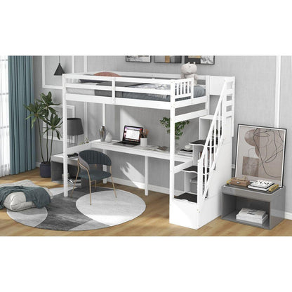 Twin Size Loft Bed with Storage Staircase and Built-in Desk, White
