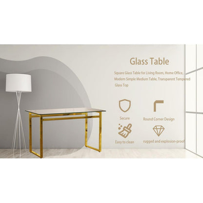 Modern Minimalist Rectangular Glass Dining Table for 4-6 with 0.31" Tempered Glass Tabletop and Golden Chrome Metal Legs, Writing Table Desk, for Kitchen Dining Living Room, 51" W x 27"D x 30" H