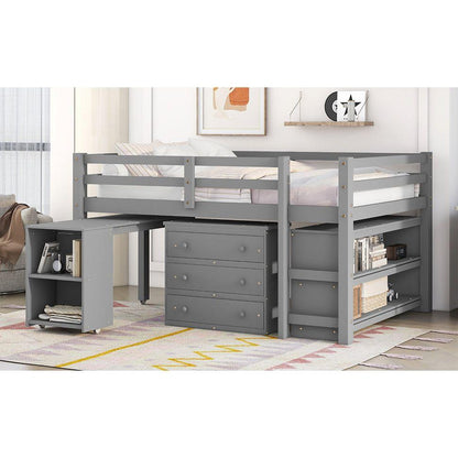 Low Study Full Loft Bed with Cabinet, Shelves and Rolling Portable Desk, Multiple Functions Bed- Gray