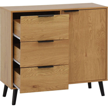 Storage Cabinet with 3 Drawers & Adjustable Shelf, Mid Century Cabinet with Door, Accent Cabinet for Living Room, Home Office, Entryway, Natural Wood Color