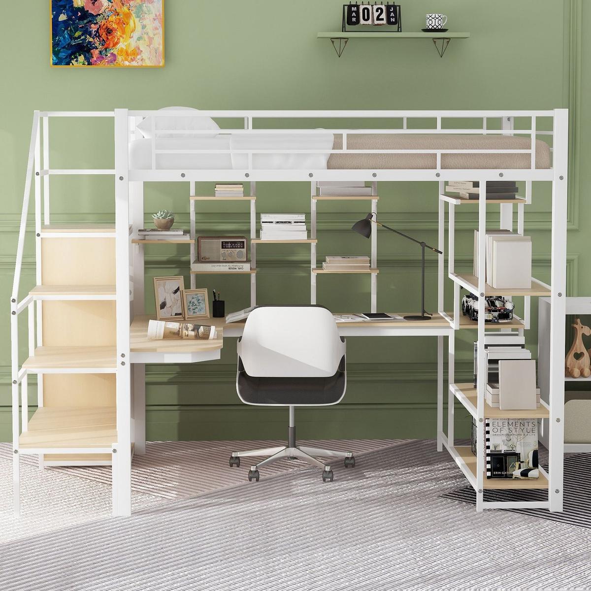 Full Size Metal Loft Bed with Storage Staircase and Small Wardrobe, Built-in Desk and Storage Shelves, White