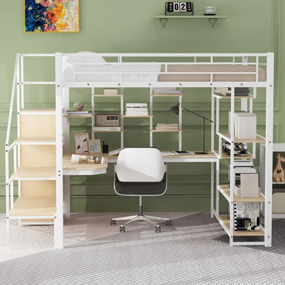 Full Size Metal Loft Bed with Storage Staircase and Small Wardrobe, Built-in Desk and Storage Shelves, White