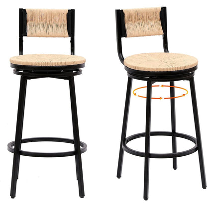 Honey Swivel Bar Stools Paper Rope Handwoven Barstools with Back Set of 2 Rustic Round Counter Chairs for Dining Room, Kitchen Island (Honey)