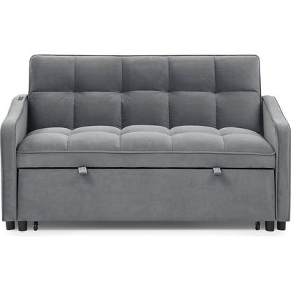 Loveseats Sofa Bed with Pull-out Bed,Adjustable Back and Two Arm Pocket,TypeC and USB Charging with Copper nail,Grey (47"x53"x31")