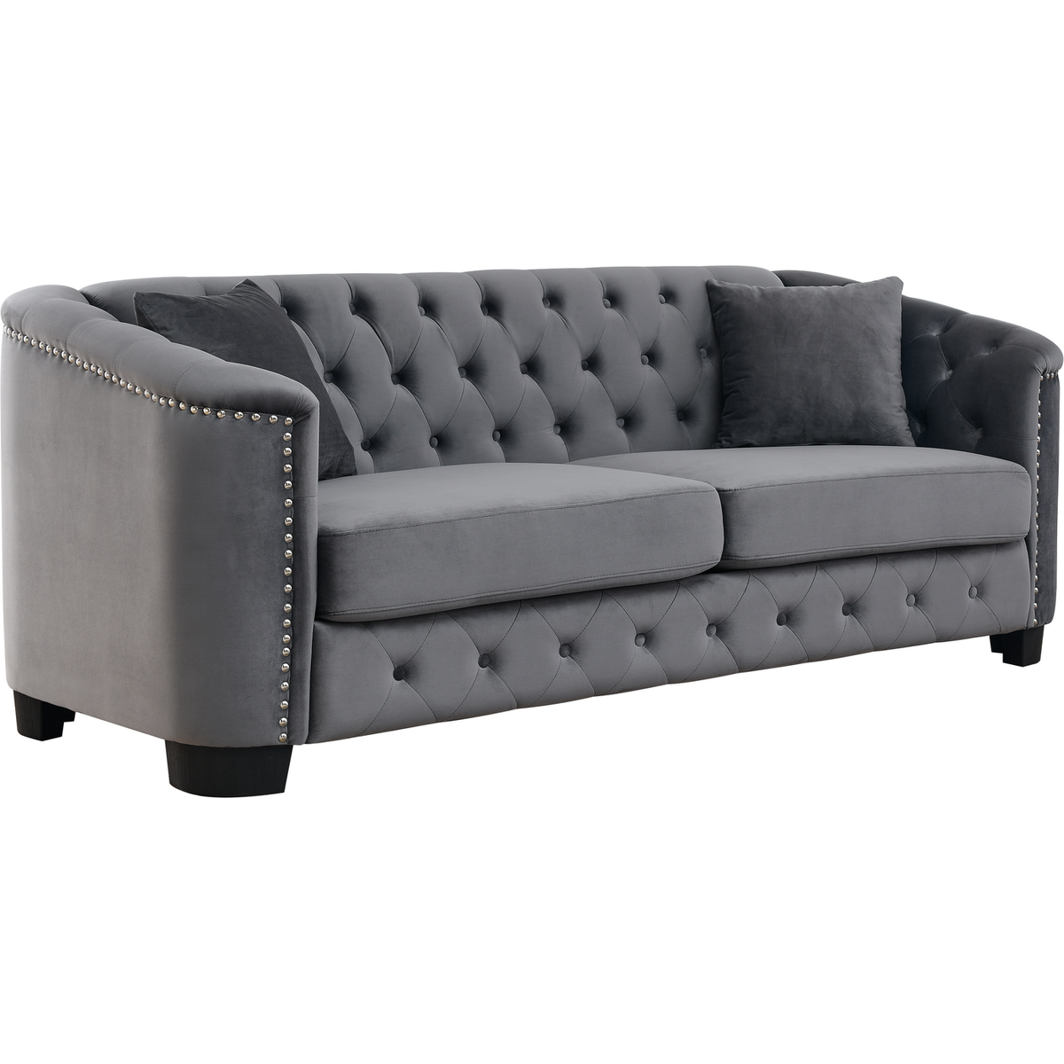 77-Inch Modern Chesterfield Velvet Sofa, 3-Seater Sofa, Upholstered Tufted Backrests with Nailhead Arms and 2 Cushions for Living Room, Bedroom, Apartment, Office (Grey)